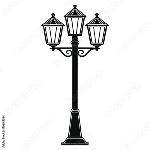 Black and White Vector Illustration of a Vintage Street Lamp with Three Lanterns on a White Background for Design
