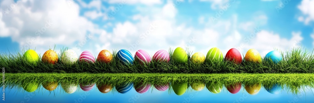 Fototapeta premium Colorful Easter Eggs in Grass Reflection, Spring Holiday, Digital Art, 3D Render, Easter Eggs, Spring,Reflection Easter