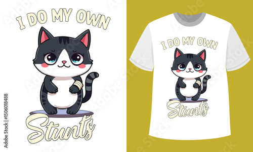 Funny Injured Cat - I Do My Own Stunts Cute Cartoon T-Shirt Design
