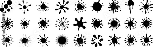 Grunge ink splatter. Splash of paints, spray drops staining and frame with wet paint drop traces vector set. Illustration splash and drip design, silhouette blob spray collection