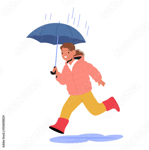 Busy little girl child cartoon character with umbrella running fast hurrying up isolated on white