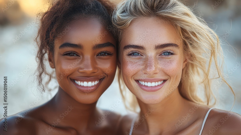 Two smiling women of different ethnicities pose closely together Two smiling women of different ethnicities pose closely together