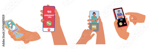 Human hands calling emergency service, dial 911 for first aid and transportation to hospital set