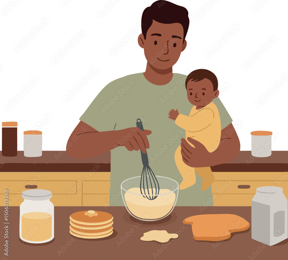 Father cooking pancakes while holding baby in kitchen home activity scene Father cooking pancakes while holding baby in kitchen home activity scene