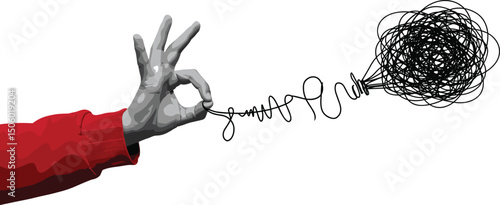 A hand pulls a thread from a tangled ball. Concept of problem solving and eliminating uncertainty. Modern photo collage style