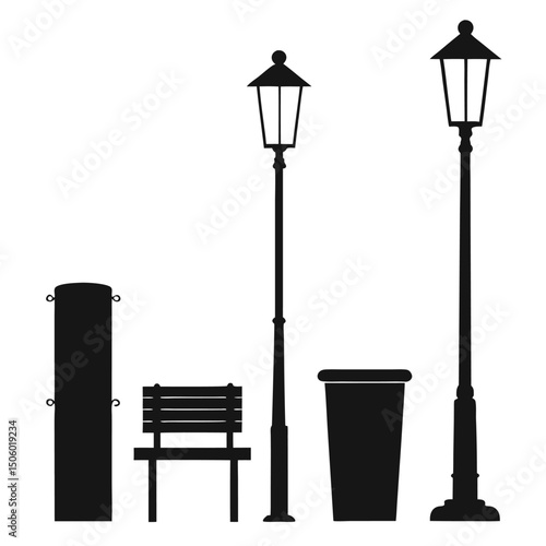 Black and white vector illustration of street furniture including a bench bollard trash can and two different styles of lampposts