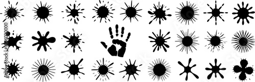 Grunge ink splatter. Splash of paints, spray drops staining and frame with wet paint drop traces vector set. Illustration splash and drip design, silhouette blob spray collection
