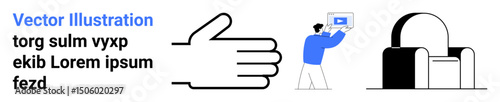 Outstretched hand gesture, person presenting tablet with media, large unlocked padlock. Ideal for security, gesture, media, presentation, data access, teamwork simple landing page