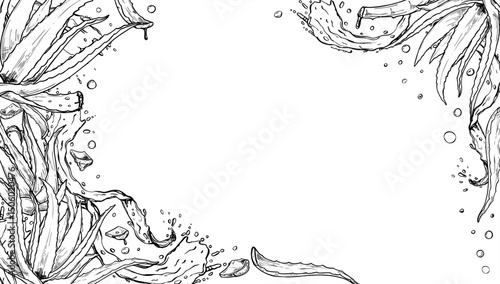 Aloe vera plants and water splashes monochrome vector border frame with empty space for text. Healing plant and water waves illustration for invitations, labels, social media, and elegant branding