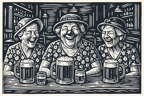Three cheerful elderly women in hats laugh heartily with beer mugs at a pub counter. Vintage woodcut/engraving style vector. B&W. Friendship, joy.