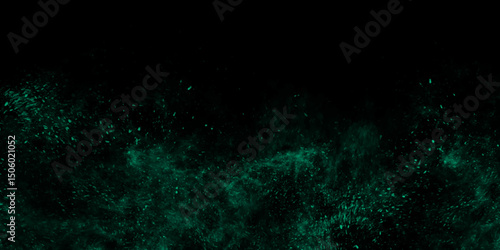 abstract green background with color scattered particles smokey grunge texture on black background. Green smoke and particle cloud on black background abstract energy texture.