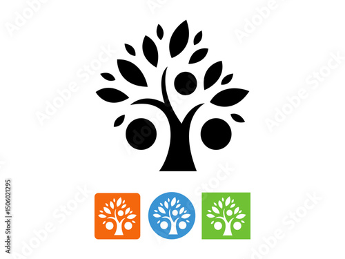 vector of apple tree design, labeled vector art, linocut silhouette illustration.