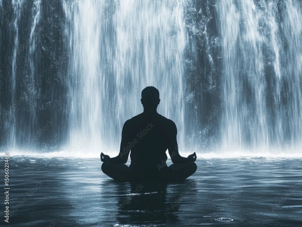 Man meditates by waterfall Man meditates by waterfall