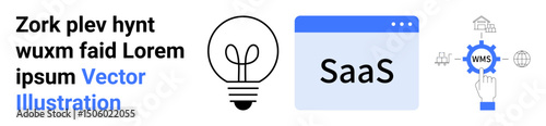 Light bulb for ideas, SaaS browser window, gear with WMS label, abstract line connections. Ideal for technology, SaaS marketing, innovation, workflow management, automation startups simple landing