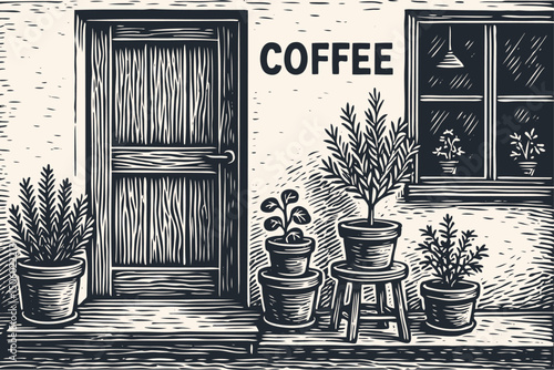 Inviting coffee shop facade with a wooden door, window, and various potted plants on a stoop. Prominent 'COFFEE' sign. Vintage woodcut/engraving style vector. B&W.