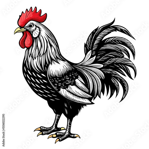 Farm Rooster sketch engraving black and white outline. Illustrated in vintage line art style. Сhicken hand drawn sketch in doodle style on a white background.