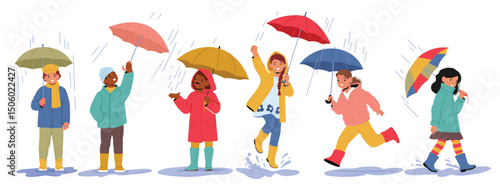 Happy carefree children cartoon characters with umbrellas walking under rainfall isolated set