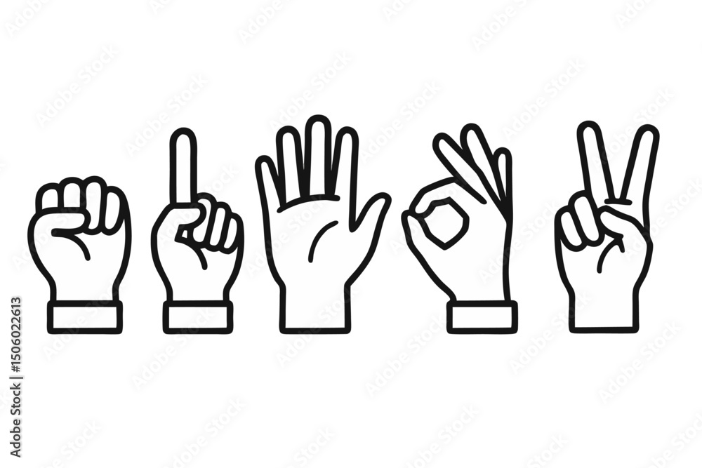 Minimalist Hand Gesture Vector Style Icons Set in Line Art Style, Fist, One, Open Palm, OK, Peace Minimalist Hand Gesture Vector Style Icons Set in Line Art Style, Fist, One, Open Palm, OK, Peace