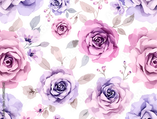 Watercolor background pattern Purple rose flowers on white background