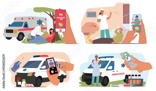 Ambulance service emergency call by mobile phone cartoon scene with people in need of first aid