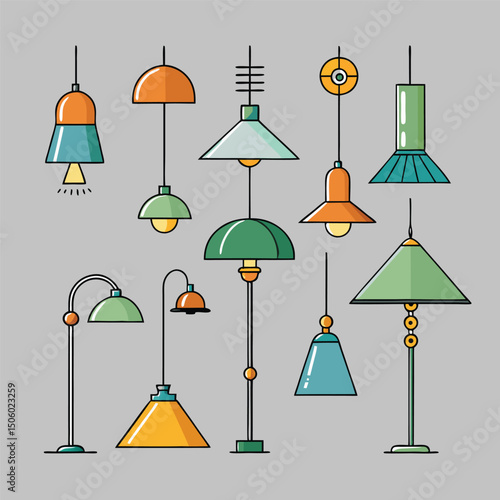 Collection of Stylish and Colorful Lamps with Various Designs Including Pendant Lights and Floor Lamps on a Neutral Background Vector Illustration