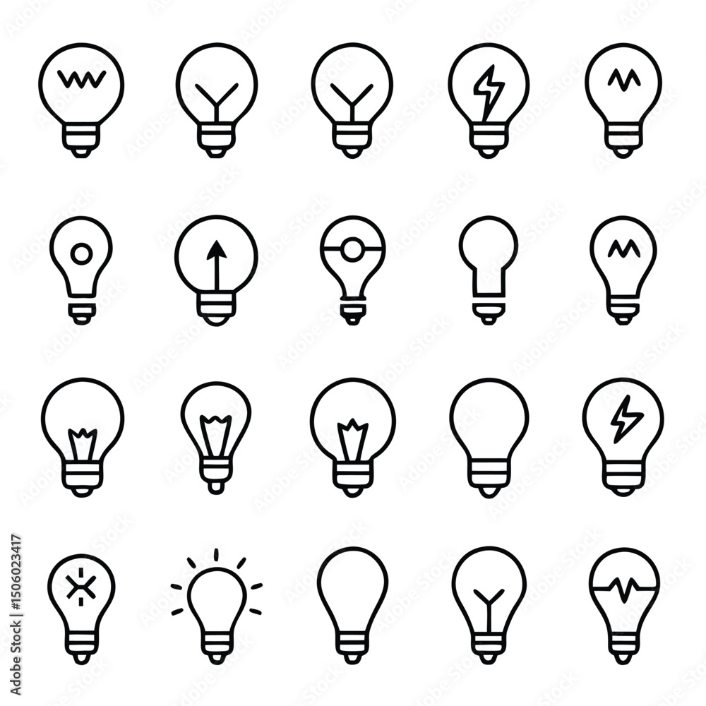 Collection of Light Bulb Icons in Outline Style Representing Ideas Innovation Creativity and Energy Perfect for Design Projects and Conceptual Illustrations Collection of Light Bulb Icons in Outline Style Representing Ideas Innovation Creativity and Energy Perfect for Design Projects and Conceptual Illustrations