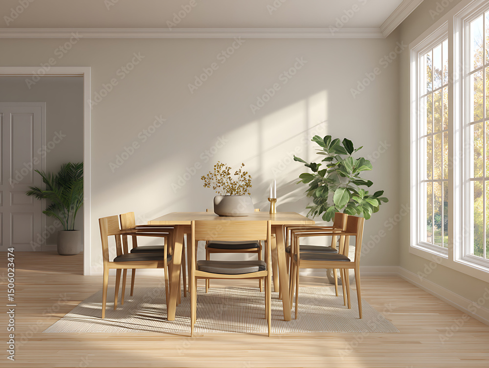 Fototapeta premium Modern interior home design featuring a luxurious living and dining room with a fireplace, stylish furniture, and wooden floor decor