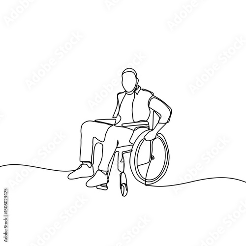 Single continuous line drawing of a disabled people in a wheelchair. Single hand drawn art line doodle outline isolated. Minimal illustration healthcare patient.