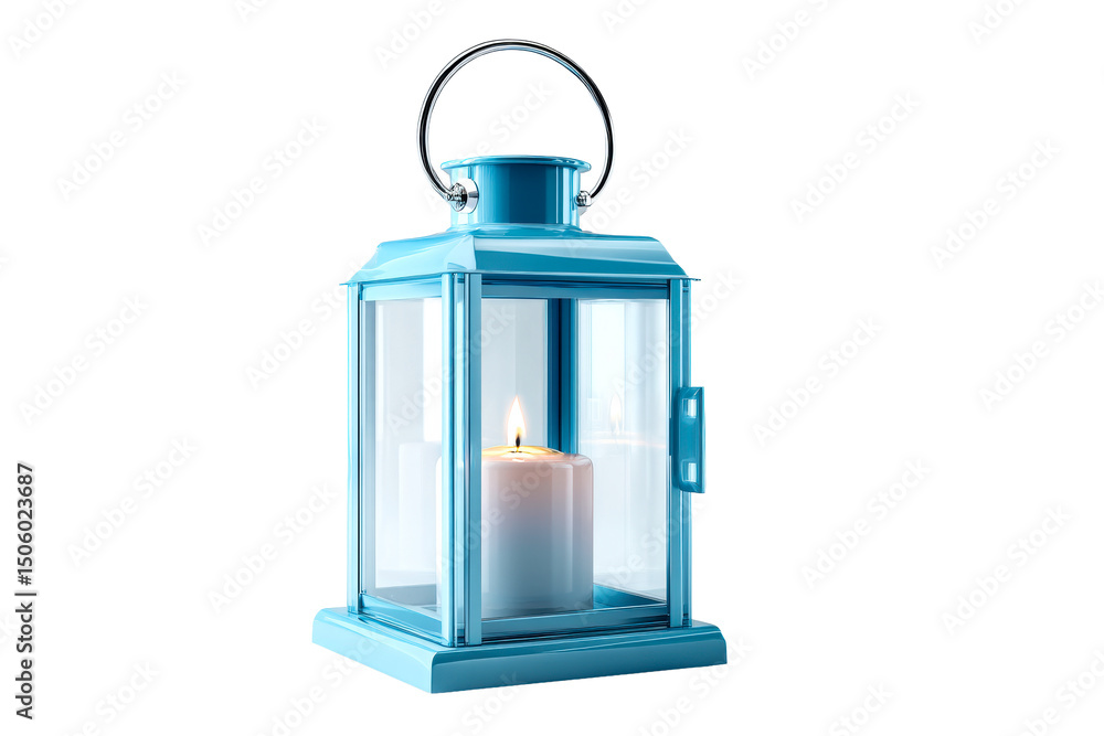 Decorative blue lantern with a candle glowing inside for ambiance Decorative blue lantern with a candle glowing inside for ambiance