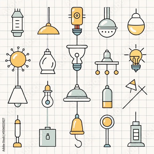 Collection of Decorative Lighting Fixtures in a Flat Design Style on a Grid Background Interior Design and Home Decor