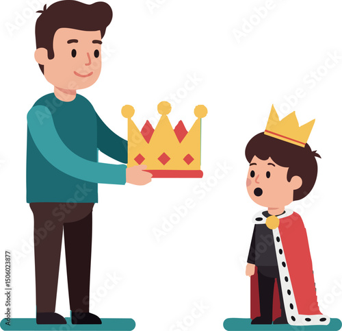 Father Crowning Son as Young King Wearing Royal Cape and Crown Vector Illustration 