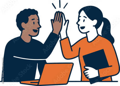 Team Success and High-Five Illustration – Two Coworkers Celebrating Achievement