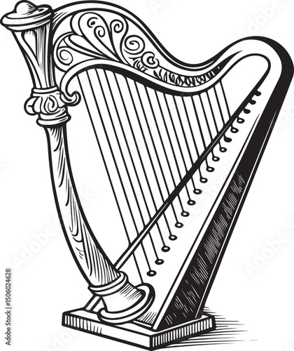 Harp Musical Instrument Vector Illustration, Sketch Drawing Line Linear Symbol Icon Engraving Coloring Book, Hand-drawn Black and White Isolated