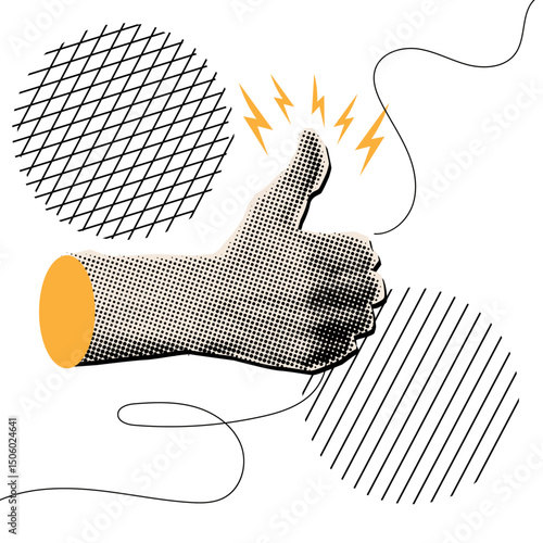 Human hand showing thumb up gesture with halftone dotted effect,contemporary illustration art for collage design
