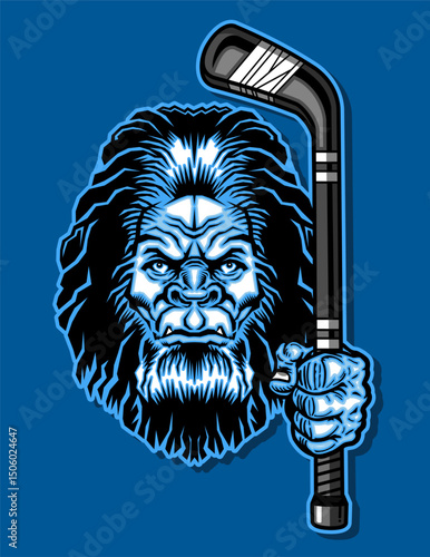 yeti mascot holding hockey stick for school, college or league sports