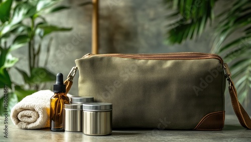 Olive-toned canvas cosmetic bag with toiletries
