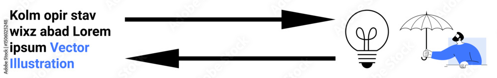 Fototapeta premium Two arrows indicate directional flow between text, a lightbulb symbolizing ideas, and a person shielding under an umbrella. Ideal for energy flow, innovation, teamwork, protection, brainstorming