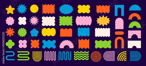 Abstract geometric shapes and icons. Colorful groovy brutal figures. Modern Swiss design aesthetic