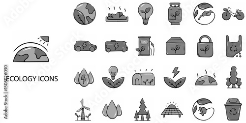 Ecology simple concept 24 hand drawn Grew color icons set .Vector illustration.