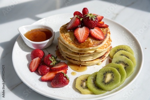 Morning pancakes served with kiwi and syrup drizzle, Morning.