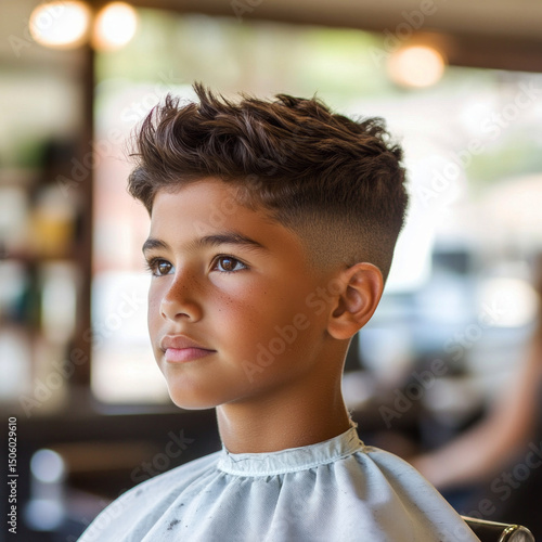 In a barber shop filled with light, a young Hispanic boy sits in profile, focused as his haircut highlights his stylish look