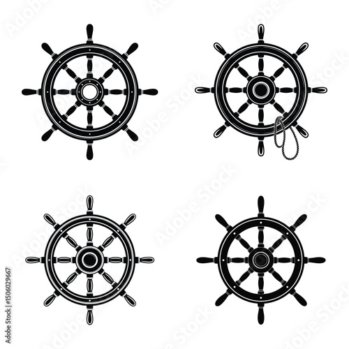 Nautical Ship Wheel Icons – Black Silhouette Marine Helm Vector Set