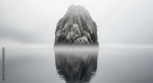 Minimalist seascape photography of a lonely rock island, misty ocean horizon and calm water reflection. Atmospheric nature landscape for meditation background