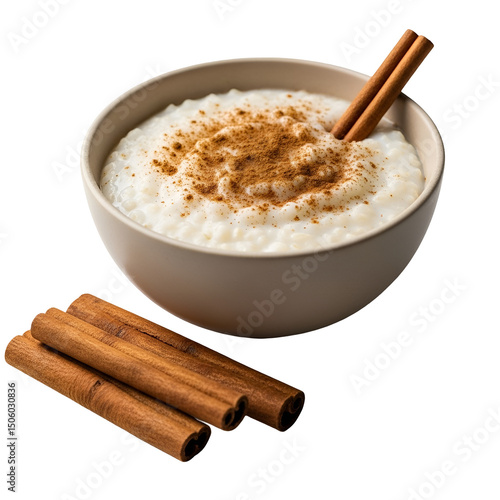 Sweet rice in a gray bowl with powdered cinnamon sprinkled on top and cinnamon sticks on top and beside on transparent background