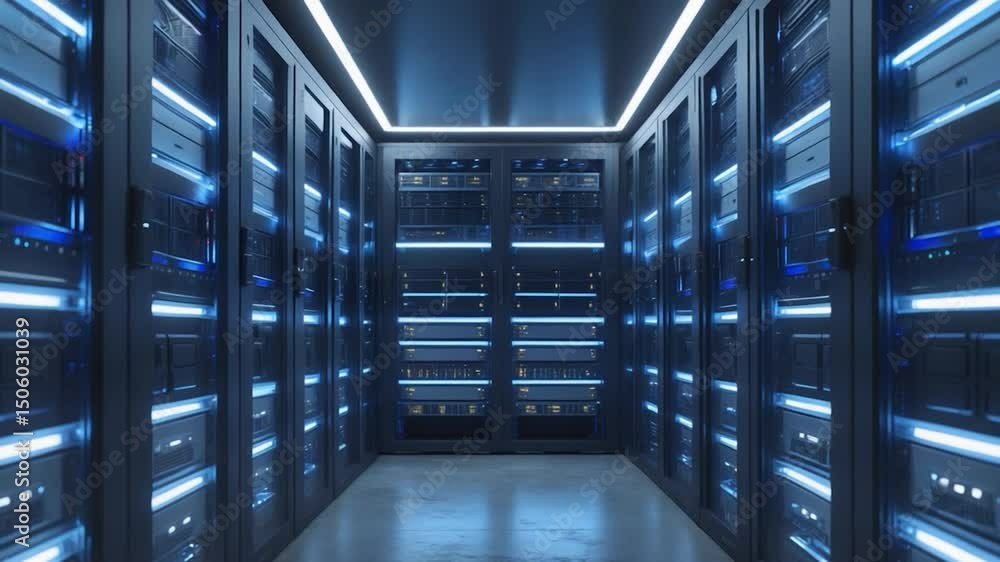 The image depicts a modern server room with battery storage units illuminated by blue lighting, focusing on advanced technology and proper cable management. The image depicts a modern server room with battery storage units illuminated by blue lighting, focusing on advanced technology and proper cable management.