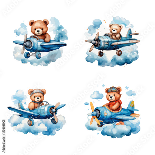Teddy Bear on a Blue Plane - vector watercolor illustrations for Babyshower for boy, for birthday