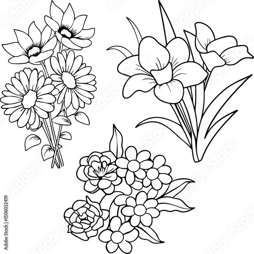 Delicate floral line art collection featuring various flower arrangements for design and coloring projects