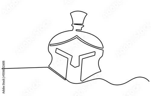 Continuous one line drawing of spartan helmet. Medieval, greek, roman, traditional, protection concept. Editable stroke vector, Continuous one line drawing of roman warrior helmet mask. One line pro.