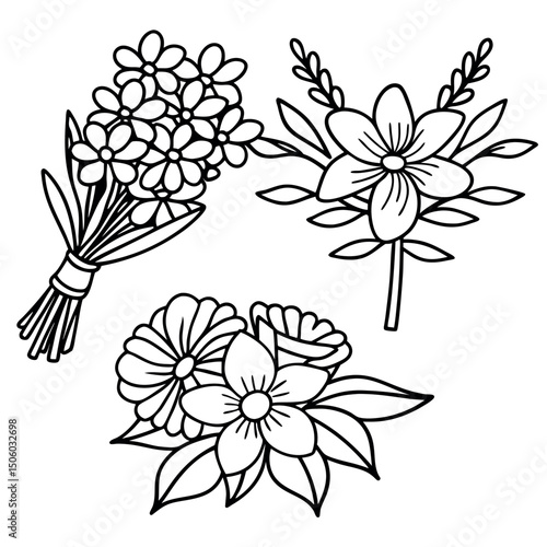 Delicate floral line art vector set featuring various blooming flower arrangements for design elements