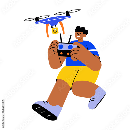 A flat style illustration showing a person flying drone